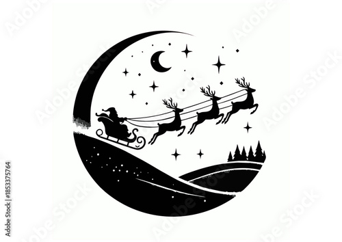 Moonlit Santa Sleigh Silhouette Illustration for Stock Design