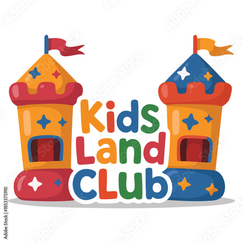Colorful Kids Land Playground and Entertainment Club promo sign featuring bouncing castle perfect for children playing space and fun activity area