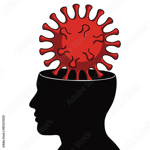 Coronavirus virion brain concept vector banner with viral cells around head representing mental health stop coronavirus and global pandemic COVID19 awareness