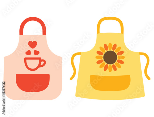 Cozy colorful kitchen aprons isolated on white background protective garment cooking dress for housewife barista or chef vector illustration cartoon style