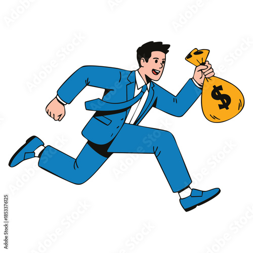 Corruption and fraud theme with businessman running holding large money bag with black dollar sign symbol bank robbery concept perfect for finance visuals