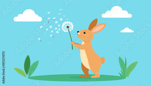Cartoon rabbit blowing dandelion seeds on a sunny day.