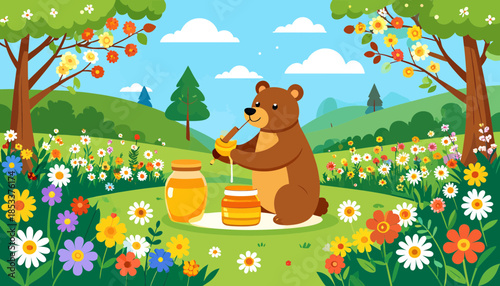 A cartoon bear harvesting honey in a colorful meadow with flowers and trees.
