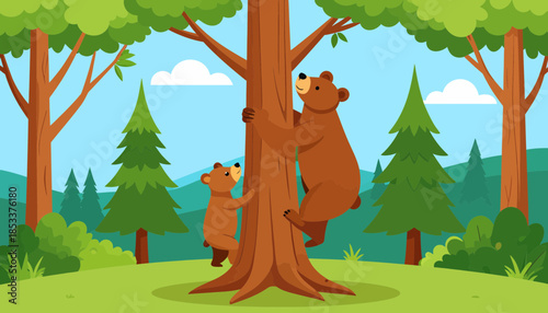 Two brown bears climbing a tree in a forest with green trees and hills.