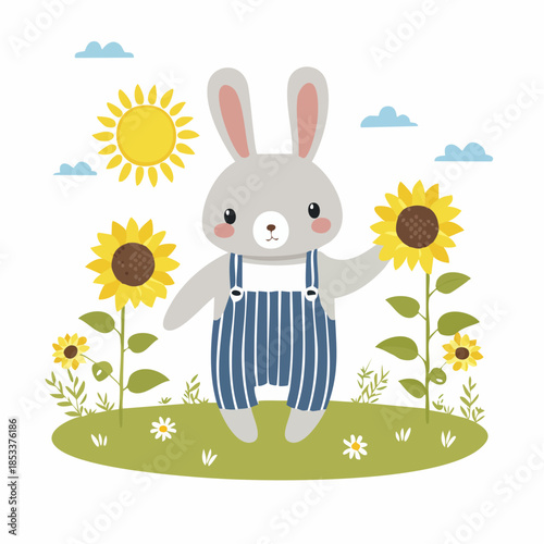 Delightful cartoon bunny embracing the sunny joy of summer amidst a field of blooming sunflowers, a heartwarming scene
