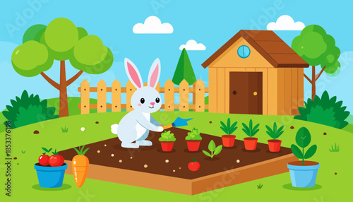 White rabbit gardening in a vegetable garden with carrots and tomatoes.