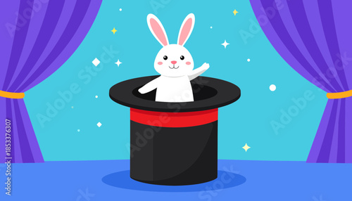 White rabbit emerging from a black top hat on a stage with purple curtains.