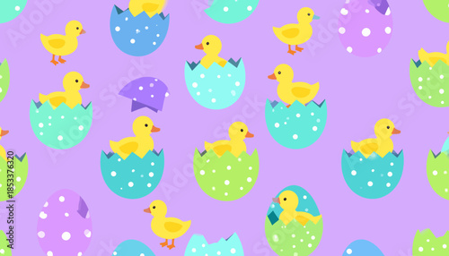 Colorful Easter pattern with ducklings and eggs on pastel background.