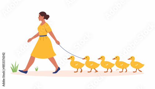 Woman walking with ducklings on a leash in a sunny day.