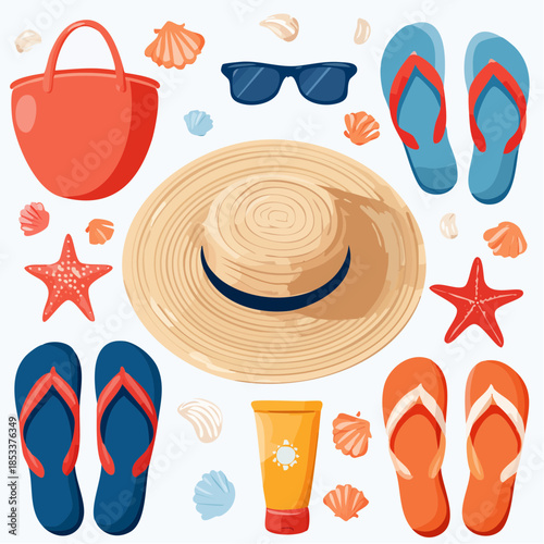 Summer vacation essentials straw hat, sunglasses, flip-flops, and beach bag on a white background