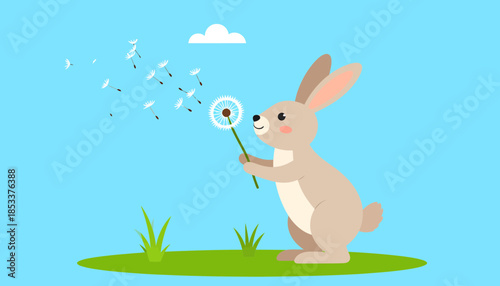 Cartoon rabbit blowing bubbles in a sunny meadow.