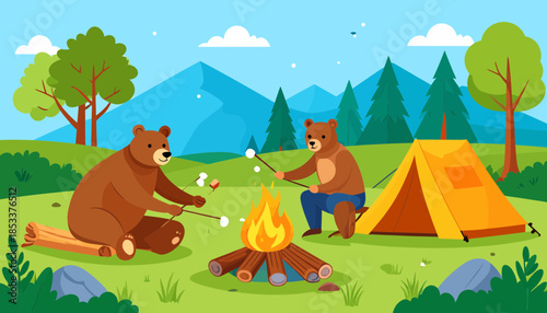 Two cartoon bears having a campfire in a forest.