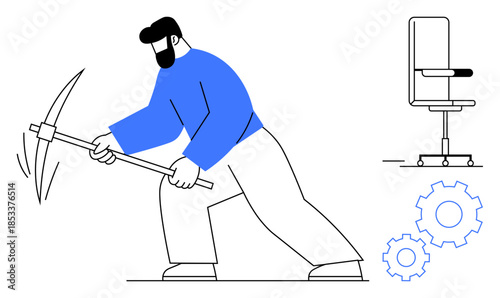 Workforce, industry, efficiency, manual labor, automation, remote work. Man with pickaxe, office chair and gears. Workforce and industry through manual effort and modern tools