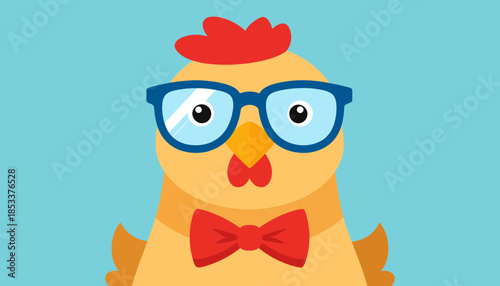 A cartoon chicken wearing glasses and a bow tie on a blue background.
