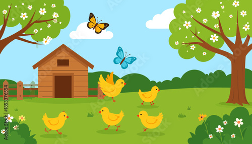 Cartoon chickens in a farm yard with butterflies and trees.