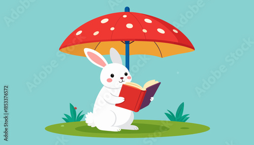 White rabbit reading a book under a red mushroom umbrella outdoors.