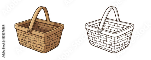 Empty woven wicker picnic basket with handle in cartoon and line art styles beige and brown colors for storage or food transportation during outdoor recreation and hobby