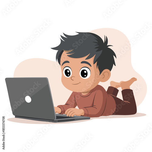 Cute little boy using laptop for online education stay at home happy smile vector illustration lying behind notebook ideal for e learning and student concepts
