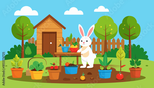 Cartoon rabbit gardening in a fenced backyard with potted plants.