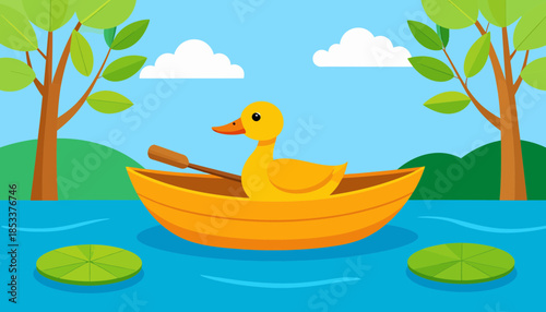 Cute yellow duck in a wooden boat with an oar, floating on a calm lake with lily pads, bright cartoon illustration.