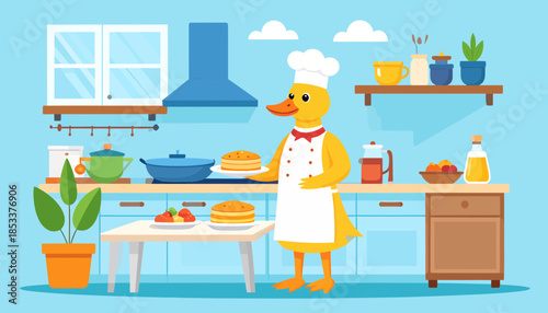 Cartoon Chef Duck Holding Pancakes in Modern Kitchen. Cute Animal Character Cooking Breakfast.