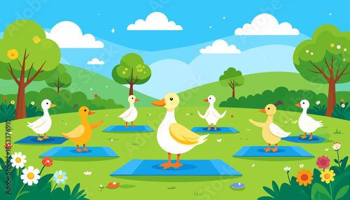 Cute Cartoon Ducks Doing Yoga in a Green Park. Cheerful Animal Wellness Illustration for Healthy Lifestyle and Nature