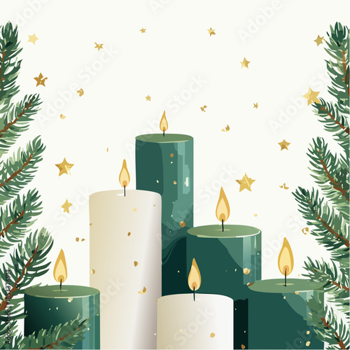 Festive illustration of lit candles with pine branches and golden stars, evoking a cozy holiday atmosphere.
