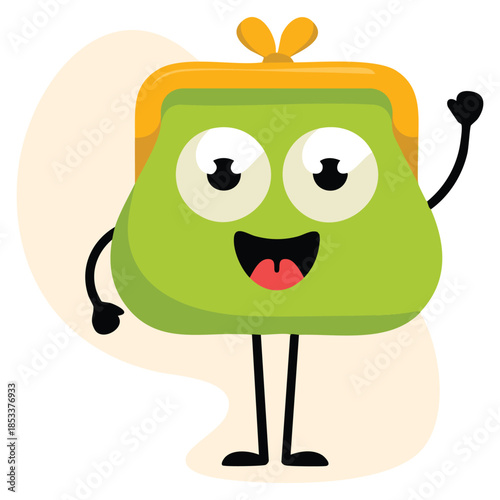 Cute smiling purse character waving its hand funny green humanized pouch cartoon vector illustration perfect for playful merchandise and kids design themes