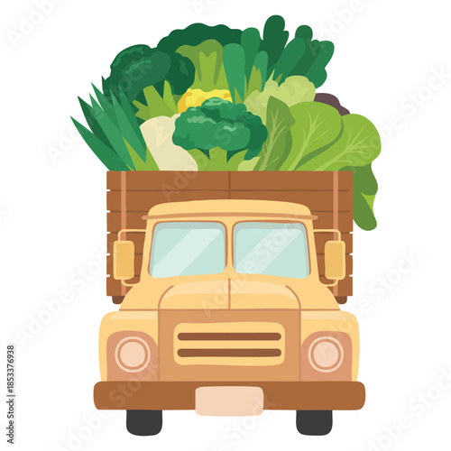 Cute truck delivering fresh giant broccoli and Chinese cabbage front view shipping of garden vegetables vector illustration perfect for farm produce delivery artwork