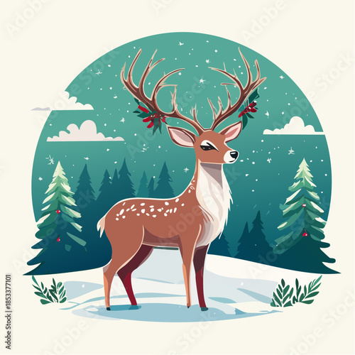 A charming winter wonderland illustration featuring a majestic deer with festive antlers amidst a tranquil snowy forest scene