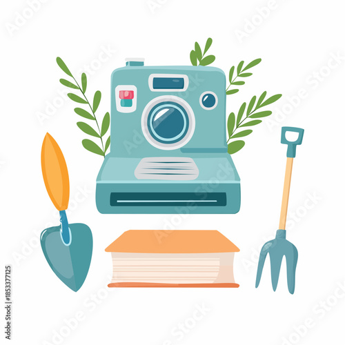A flat lay illustration featuring a blue instant camera, gardening tools, and a book, surrounded by green leaves.