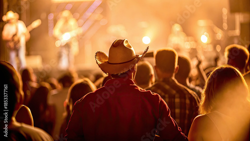 Country music crowd with cowboy hats concept. Audience enjoying live country music performance at a festival.