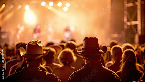 Country music crowd with cowboy hats concept. Crowd enjoying a live concert atmosphere with warm lighting.