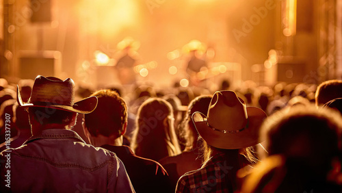Country music crowd with cowboy hats concept. Crowd of people enjoying live music at a sunset concert.