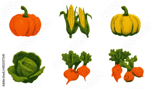 Vibrant Cartoon Style Vegetables in Autumn Harvest on Transparent Background