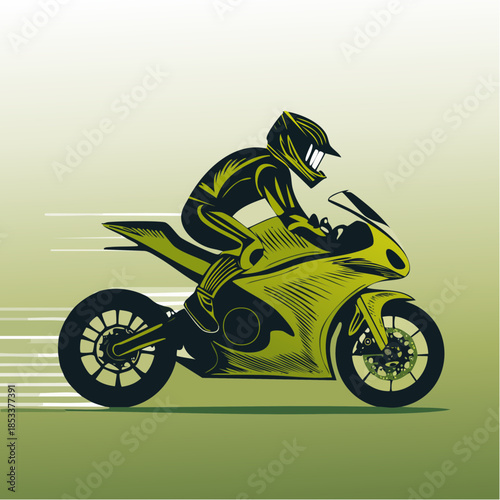 Dynamic illustration of a person in a helmet riding a yellow sport motorcycle at high speed, showing motion blur.