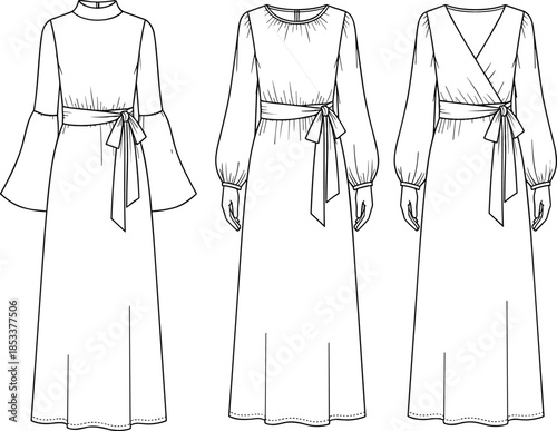 Fashion technical drawing of maxi dresses, vector flat sketches set with sleeve variations, waist tie, and different necklines