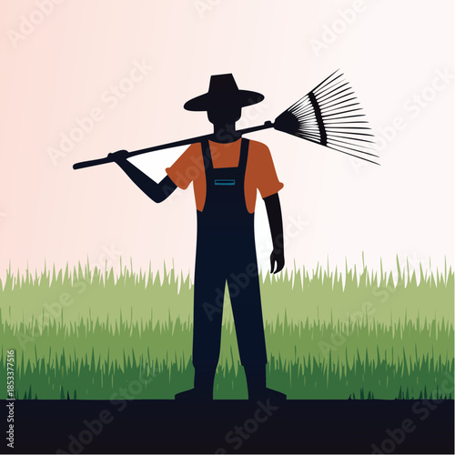 Silhouette Of A Farmer Carrying A Rake On His Shoulder With Grass And Sky Background