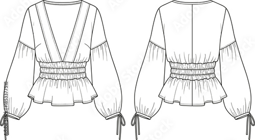 Fashion technical drawing of peplum blouse, vector flat sketch with deep v-neck, smocked waist, bishop sleeves, front and back view