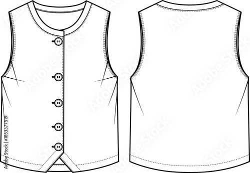Fashion technical drawing of tailored vest, vector flat sketch with button front closure, round neckline, sleeveless, front and back view
