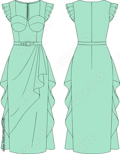 Fashion vector technical drawing illustration of a charming women's 1940s vintage inspired midi tea dress with ruffled flounce sleeves and an elegant asymmetric skirt detail.