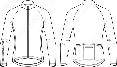 Fashion vector technical drawing illustration of a men's long-sleeve athletic cycling jersey featuring a full zipper, raglan sleeves, and rear pockets.
