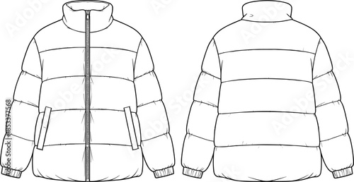 Fashion vector technical drawing illustration of a unisex cropped puffer jacket featuring horizontal quilting, a high stand collar, and elasticated cuffs.