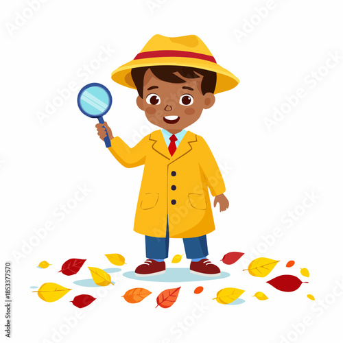 Young detective in yellow coat and hat with magnifying glass, surrounded by autumn leaves