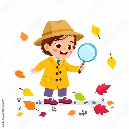 Curious Child Detective Exploring Footprints and Falling Leaves with Magnifying Glass