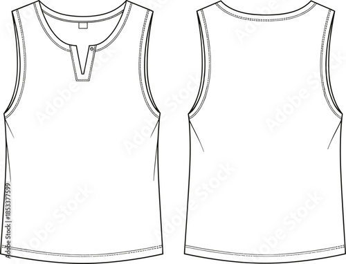 Fashion vector technical drawing illustration of a women's basic sleeveless tank top featuring a V-split henley neckline and athletic cut armholes.