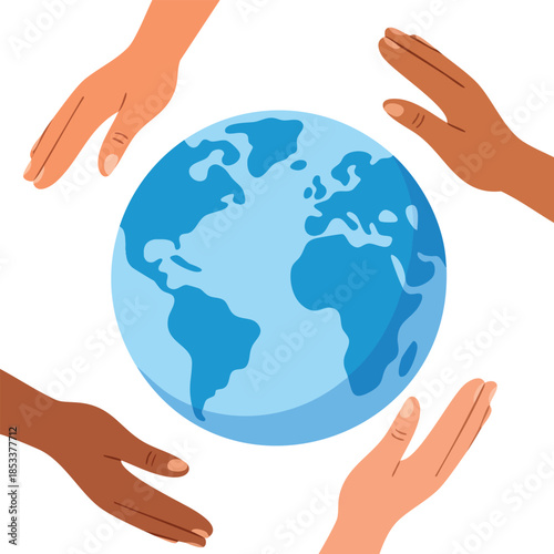 Earth globe with multiracial human hands around isolated on white symbol of unity diversity and global connection suitable for peace cooperation and culture themes
