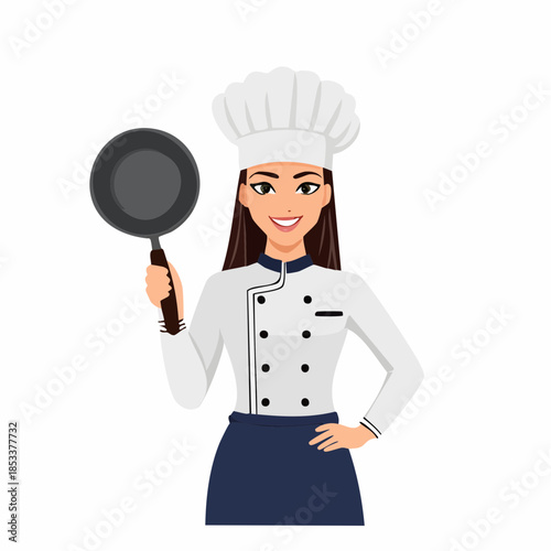 Confident female chef in professional uniform holding a frying pan, ready to prepare culinary delights with a friendly smile