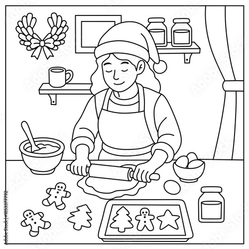 mother cooking christmas cookies in the kitchen with santa hat and cookie dough. coloring page illustration for children and teenagers to fill the christmas season