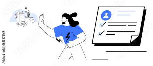 Woman stops unhealthy foods while holding her stomach in discomfort and assessing health checklist. Ideal for health awareness, decision-making, lifestyle, nutrition, balance, wellness, simple flat